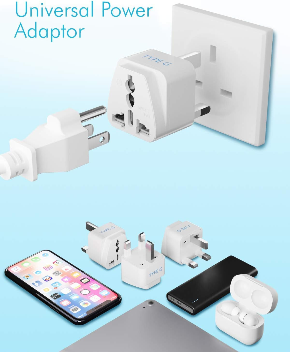 UK, Hong Kong, Ireland, UAE Travel Plug Adapter (Type G) - 3 Pack [Grounded & Universal] (GP-7-3PK), White, Standard